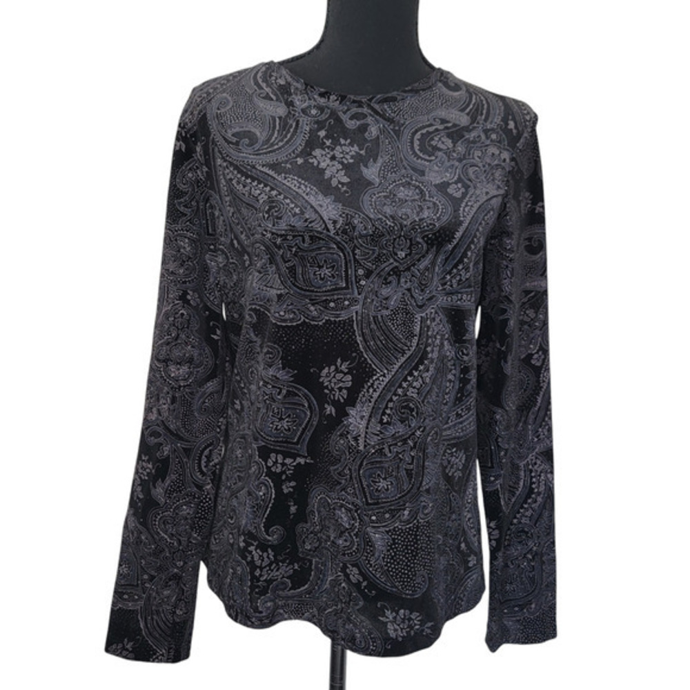 Velvet Burnout Paisley Black Grunge Longsleeve Medium Floral High Neck Victorian